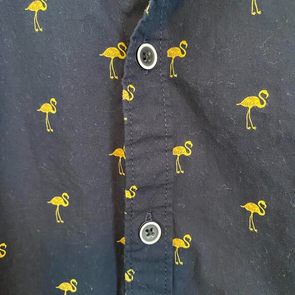 Men's Short Sleeve Collar Shirt, 100% Cotton, Navy with Flamingos, size Med - Picture 3 of 7